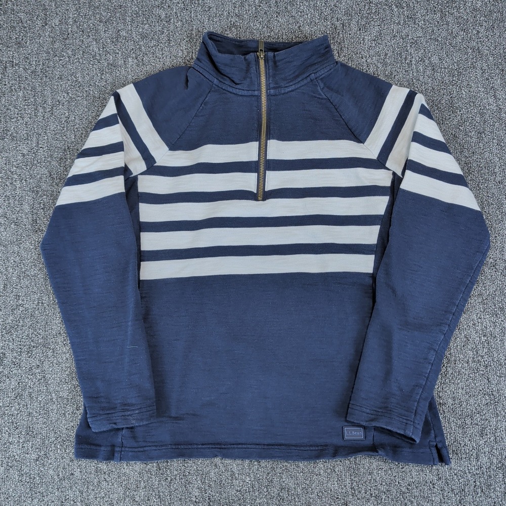 LL Bean Nautical Quarter Zip Pullover Womens S Blue White Striped Cotton Slub